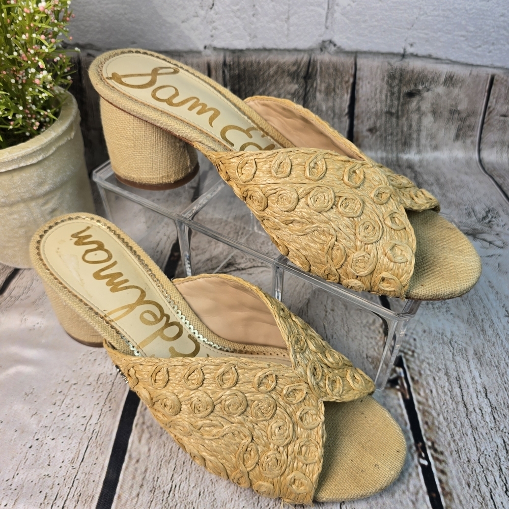 Sam Edelman Natural Tan Raffia Braided Block Heel Mules - Picture 2 of 10